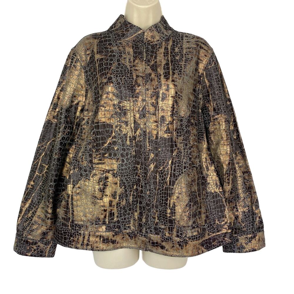 Chicos Jacket 2 REVERSIBLE Animal Print Denim Breyta Brown Gray Pockets Med NEW